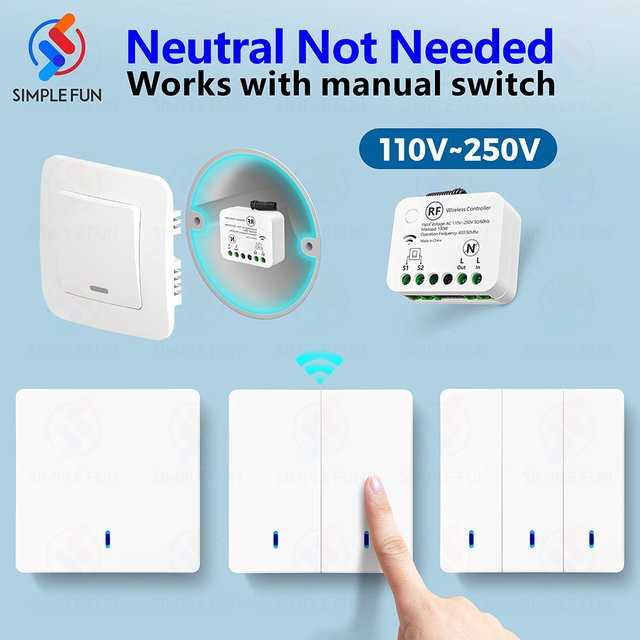 SLMPLEFUN Mini-Fernbedienungs-Lichtschalter 433MHz RF-Relais, drahtloser 86er-Panel-Schalter ohne Neutralleiter, Farbe: Weiß - Bild 1