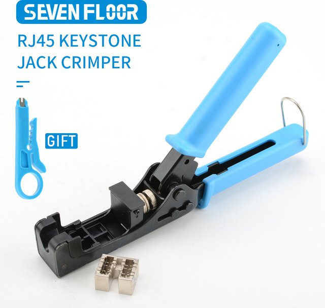 Kabelcrimpzange und 180-Grad-Keystone-Jack-Einpresswerkzeug für CAT5/5e und CAT6/6e Adapter inklusive Mini-Abisolierzange in Gelb und Blau - Bild 1