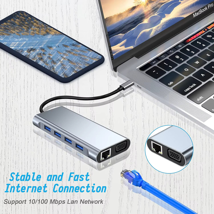 FEIWIMI USB C Hub Adapter Dongle in Silber mit 4K HDMI, VGA, USB C PD, RJ45 Ethernet, SD und TF Kartenleser für MacBook Pro/Air M1 und iPad - Bild 5