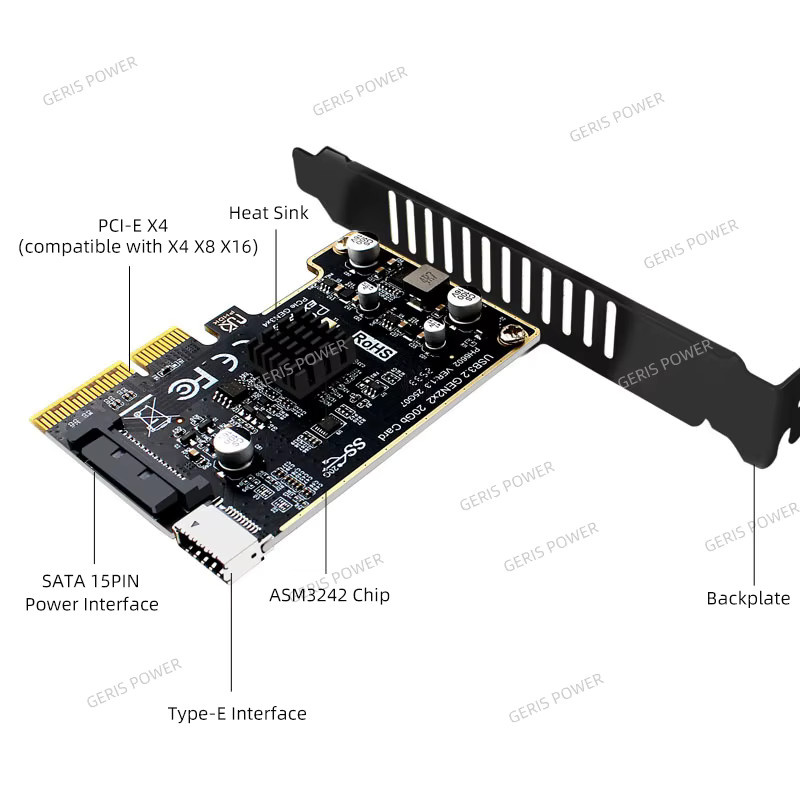 Geris Power USB 3.2 Typ-E Erweiterungskarte PCI-E x4 auf USB-C mit 20 Gbit/s ASM3242 Chip in Schwarz - Bild 2