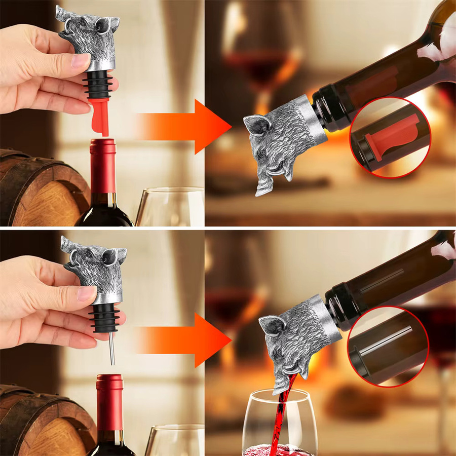 LKKCHER 2-in-1 Weinausgießer und Flaschenverschluss Wildschwein Kopf aus Metall in Bronze, Grau und Schwarz - Bild 5