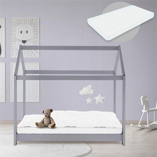 ML-Design Kinderhausbett aus Kiefernholz in Hellgrau und Weiß inklusive Matratze und Lattenrost, B: 140 cm, H: 127,5 cm - Bild 1