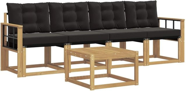 vidaXL Outdoor-Sofagarnitur 5-tlg. aus Akazienholz mit Kissen und Couchtisch in Weiß und Schwarz - Bild 1
