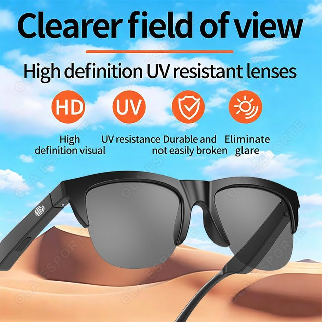 Ola Esporte KI-Smart-Brille mit Bluetooth-Anruffunktion und Musikwiedergabe, wasserdichte Sonnenbrille in Schwarz für Outdoor-Sport, Unisex - Bild 1