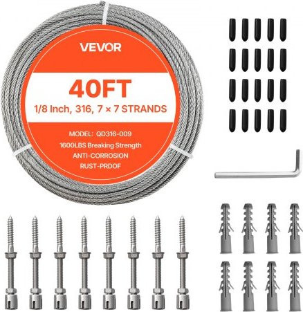 VEVOR Edelstahl Drahtseil aus Edelstahl 316 in Silber, Durchmesser: 3,2 mm, Länge: 12,2 m - Bild 1