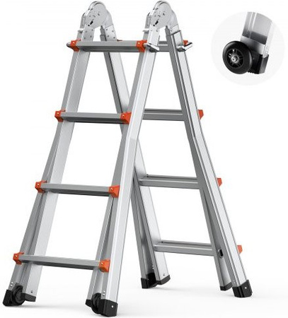 VEVOR Teleskopleiter aus Aluminium in Silber, 4 m A-Rahmen Ausziehleiter mit 150 kg Tragkraft