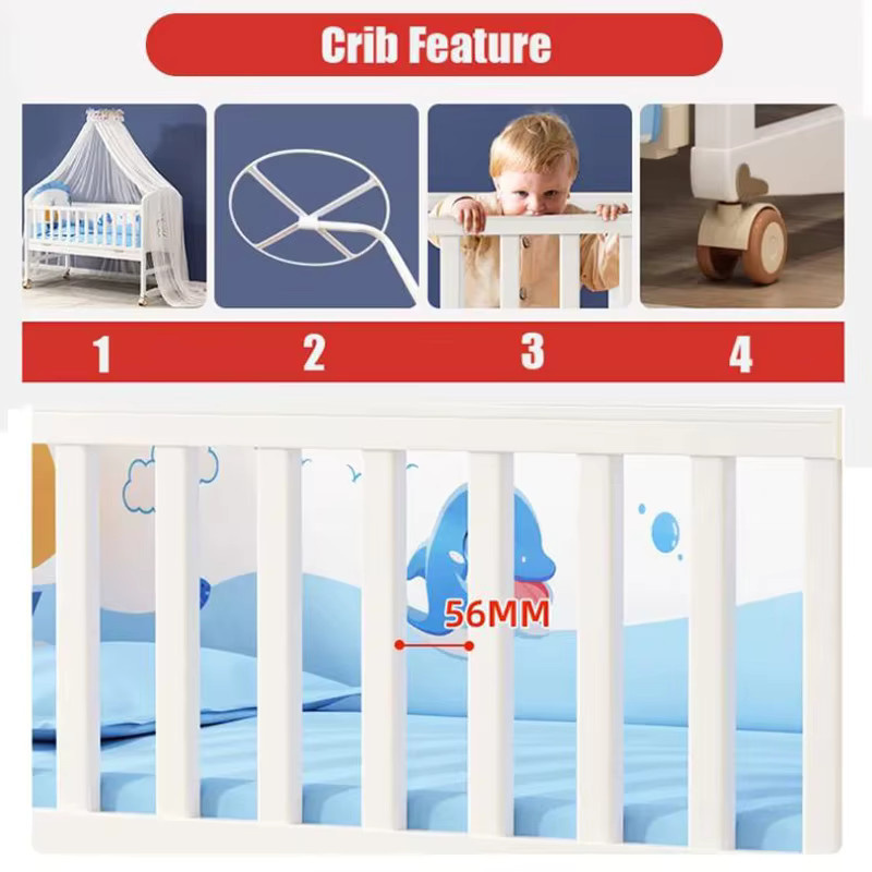 Komplettset für Babybetten aus weißem Holz mit Schaukelfunktion inklusive Moskitonetz, Bettwäsche und Naturlatex-Matratze - Bild 3