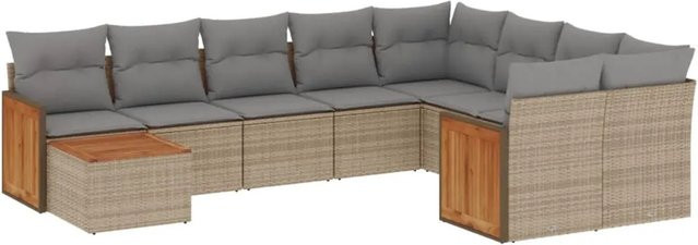 vidaXL 10-tlg. Garten-Sofagarnitur in L-Form aus Polyrattan und Akazienholz mit Kissen in Beige-Grau - Bild 1