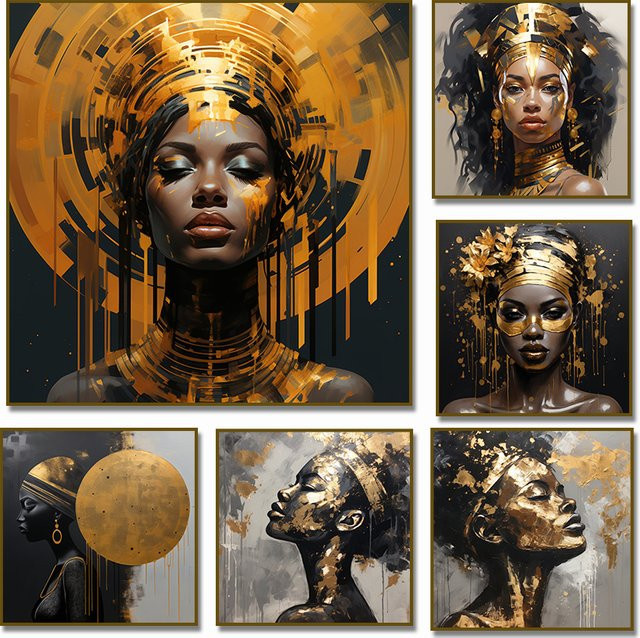 Potdemiel Moderne Leinwanddrucke Afrikanische Schönheit Gold und Schwarz Abstrakte Wandkunst Portrait Poster - Bild 1