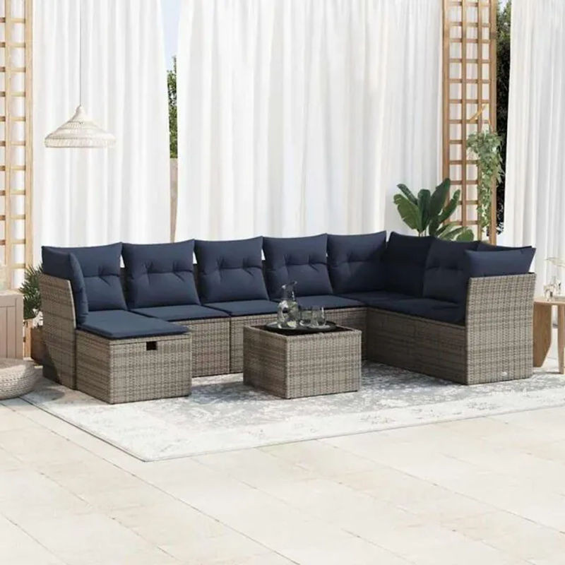 9-teilige moderne Garten-Sofagarnitur mit Kissen aus grauem Poly-Rattan von vidaxl - Bild 1