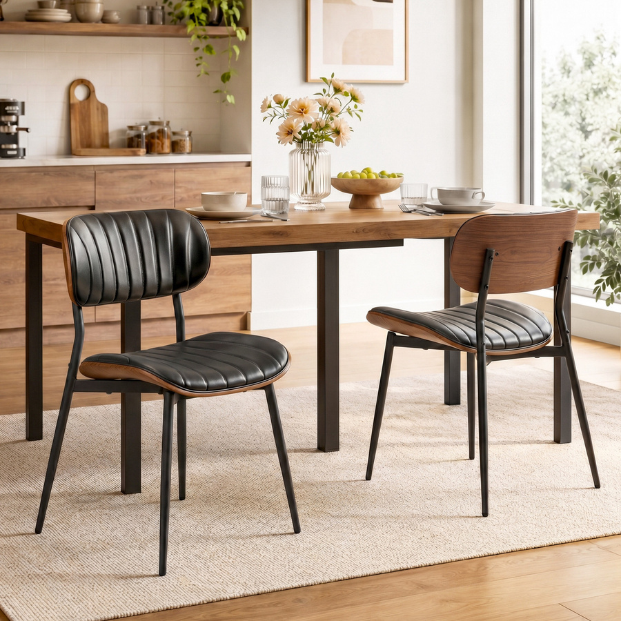HOMCOM Esszimmerstühle 2er Set Modern Polsterstühle aus Kunstleder mit Holz-Rückenlehne und Metallbeinen in Schwarz und Braun - Bild 2