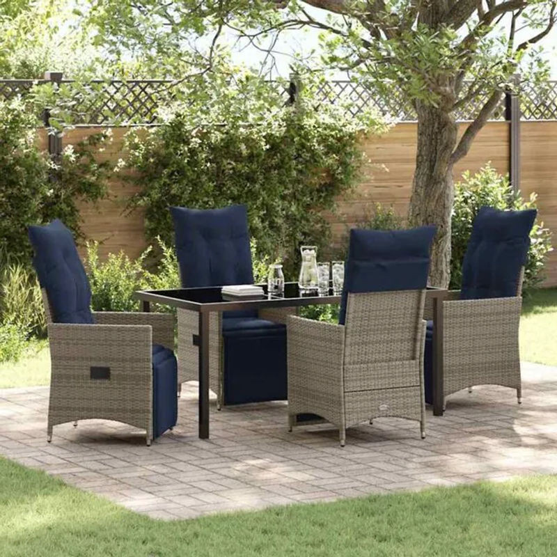 vidaXL Garten Essgruppe aus Poly-Rattan und Metall mit Glastisch in Grau und Blau, 5-teilig, modern - Bild 1