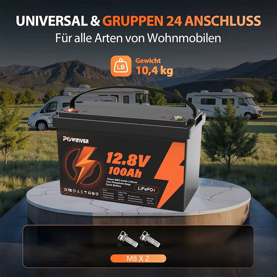 POWINVER 12,8V 100Ah LiFePO4 Lithium-Batterie mit Smart-BMS in Schwarz für Solar, Wohnmobil und Boot - Bild 3