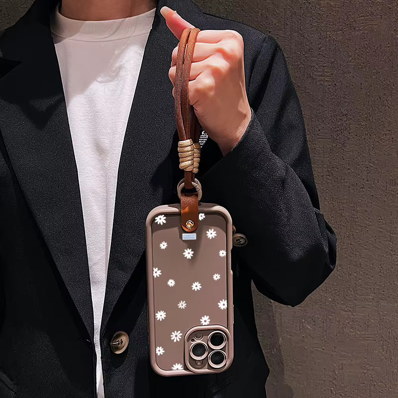 Handyhülle mit Gänseblümchen-Blumenmuster und Lanyard Strap für Apple iPhone 11 bis iPhone 17 Pro Max Plus, Farbe: Braun - Bild 2