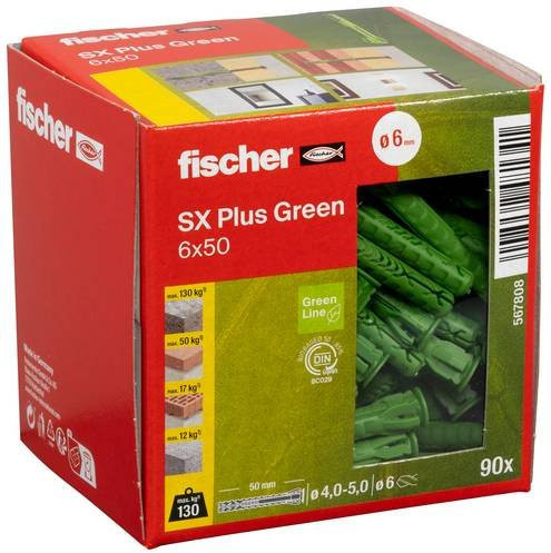 Fischer SX Plus Green Spreizdübel aus Kunststoff für Beton, Farbe: Grün, Länge: 50 mm, Durchmesser: 6 mm, 90 Stück - Bild 1