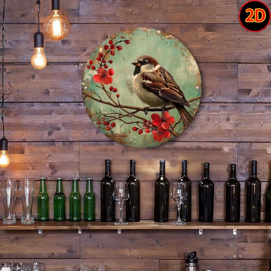 Potdemiel Vintage Sparrow Floral Metallwandkunst aus Aluminium, kreisförmig, rot und grün, Durchmesser: 20 cm - Bild 4