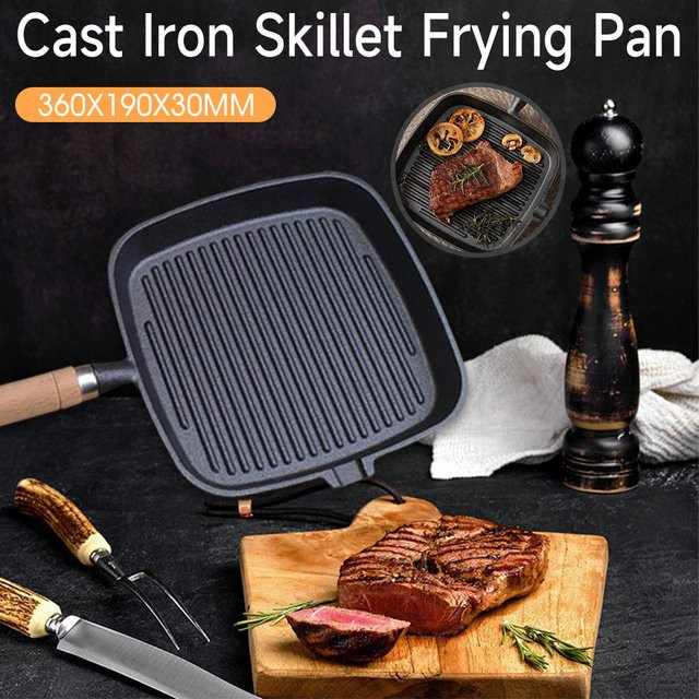 APWIKOGER Gusseisen-Steakpfanne mit Holzgriff, quadratische Grillpfanne, antihaftbeschichtet, Schwarz - Bild 1