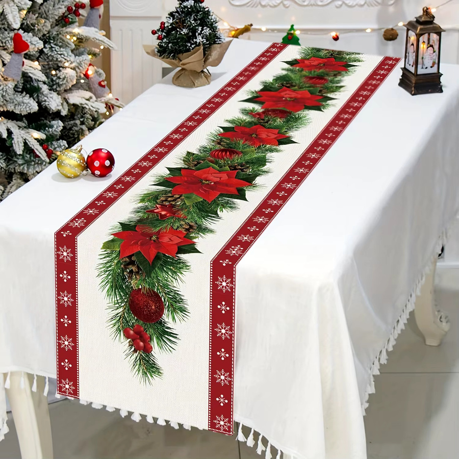 Elegante Weihnachtstischdecke aus Leinen mit Weihnachtsstern, Tannenzweigen und Schneeflocken-Aufdruck, rechteckig, B/T/H: 150 x 45 x 45 cm - Bild 4