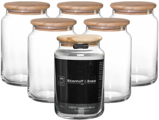 Ritzenhoff & Breker Varu Vorratsgläser Set aus Glas mit Holzdeckel, 6er Set, transparent, 880 ml pro Glas, luftdicht und auslaufsicher - Bild 1