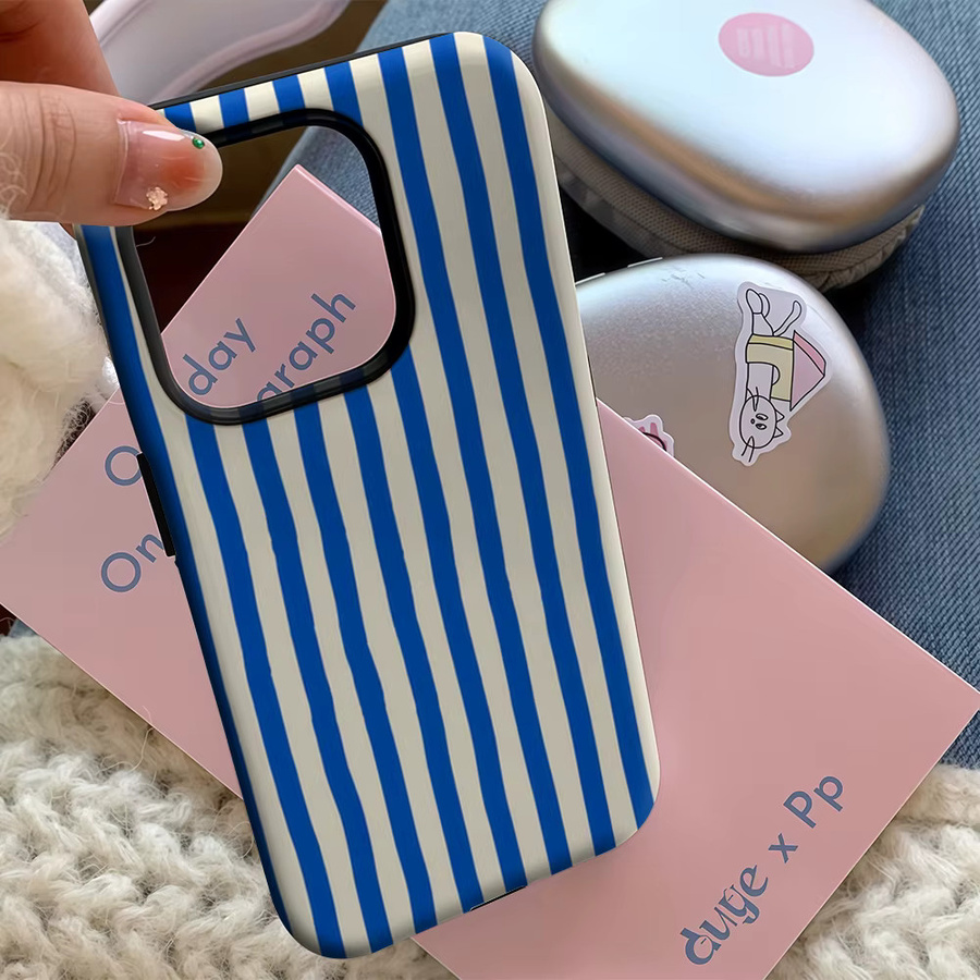Luxuriöse doppellagige Handyhülle für Apple iPhone Modelle in nautischem Blau und Beige gestreift - Bild 3