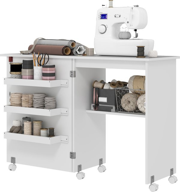 HOMCOM Klappbarer Nähtisch mit Aufbewahrungsfächern und Rollen in Weiß, B/T/H: 118 x 40 x 79,5 cm - Bild 1