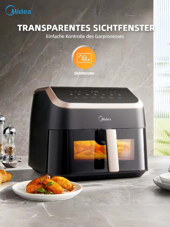 Midea XXL Heißluftfritteuse 8-in-1 mit Sichtfenster, 8,5 l Volumen, bis 200 °C, Schwarz/Roségold - Bild 7