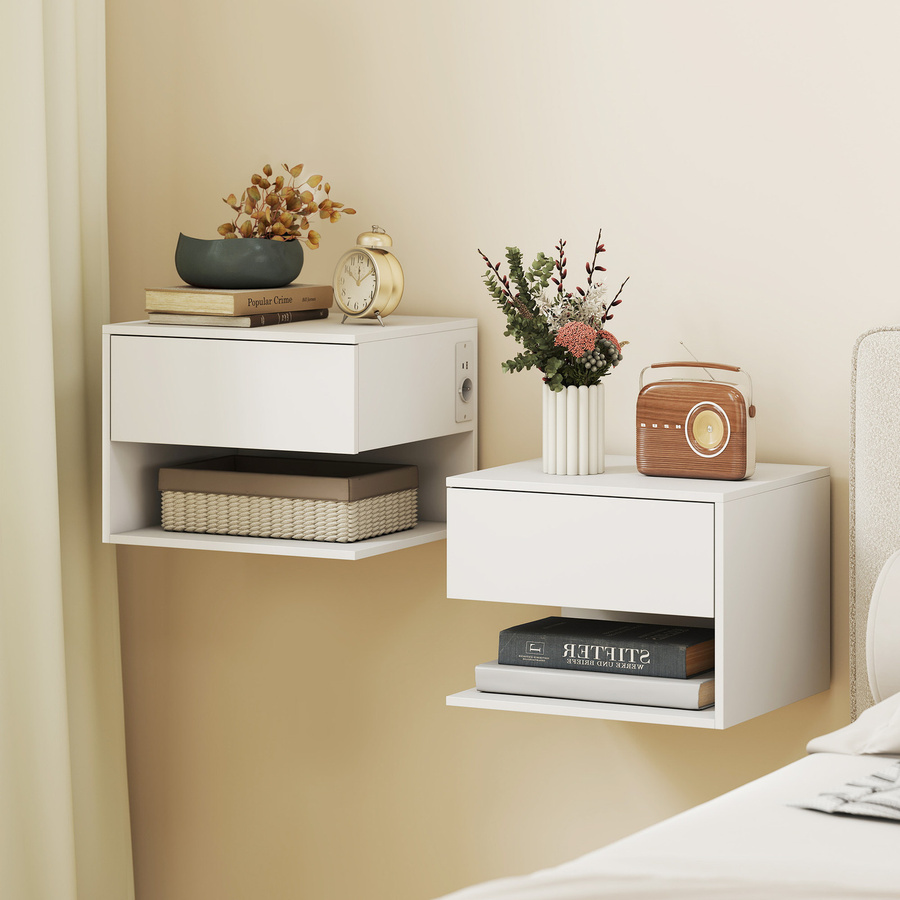 HOMCOM Set mit 2 hängenden Nachttischen in Weiß mit Steckdosen, Schublade und offenem Fach, modernes Design für Schlafzimmer und Wohnzimmer, B/T/H: 40 x 35 x 30 cm - Bild 2