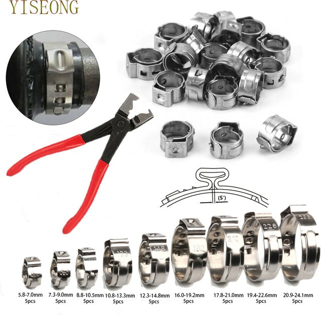 YISEONG Einohr-Schlauchschellen Set aus 304 Edelstahl in Silber, 45 Stück, 5,8–24,1 mm - Bild 1