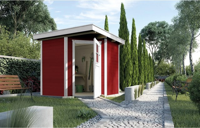 Weka Holz-Gartenhaus Angolo B Flachdach in Schwedenrot mit wetterfester Lasur und Profilzylinderschloss, B x T: 239 x 235 cm - Bild 1