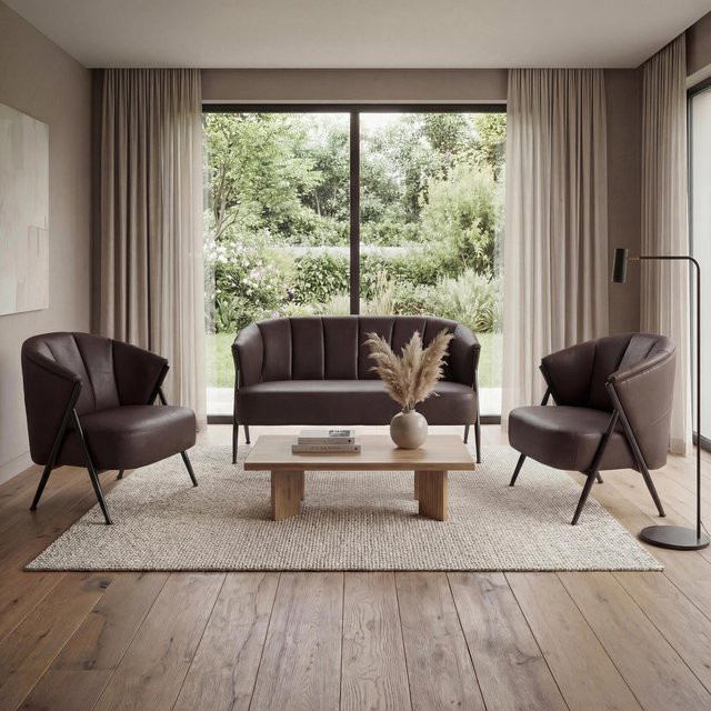Wohnzimmer-Set MCW-P30 im Vintage Retro Industrial Stil aus Metall und Kunstleder in Dunkelbraun, bestehend aus einem 2er-Sofa und zwei Sesseln - Bild 1