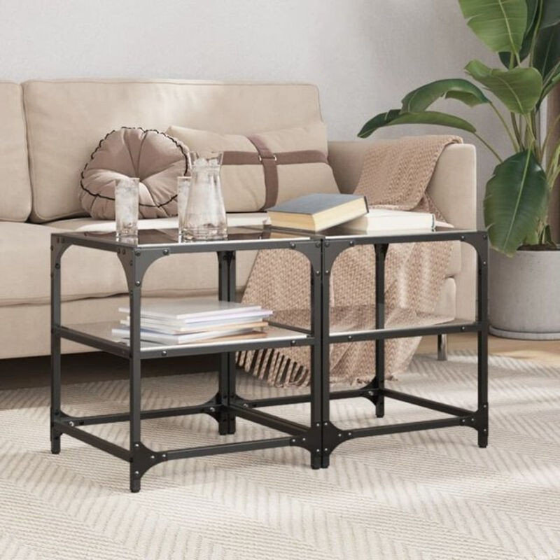 Vidaxl Couchtisch Set aus 2 Stück im Industrial Design mit Glasplatten und Stahl in Schwarz, B/T/H: 40 x 40 x 45 cm - Bild 1