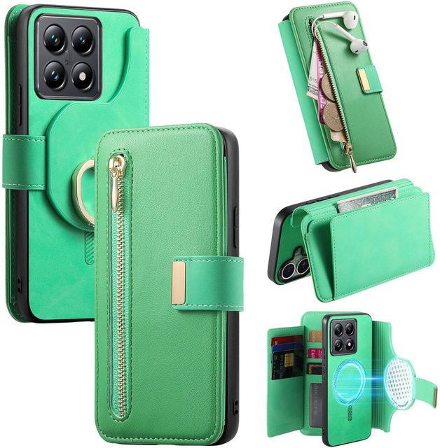 HQBBRO 2-in-1 Lederhülle mit abnehmbarem Reißverschluss-Kartenfach und Magnetverschluss für Xiaomi Redmi Note 13 Pro Plus, Redmi 12, Redmi 13C und Redmi 14T Pro, Farbe: Grün - Bild 1