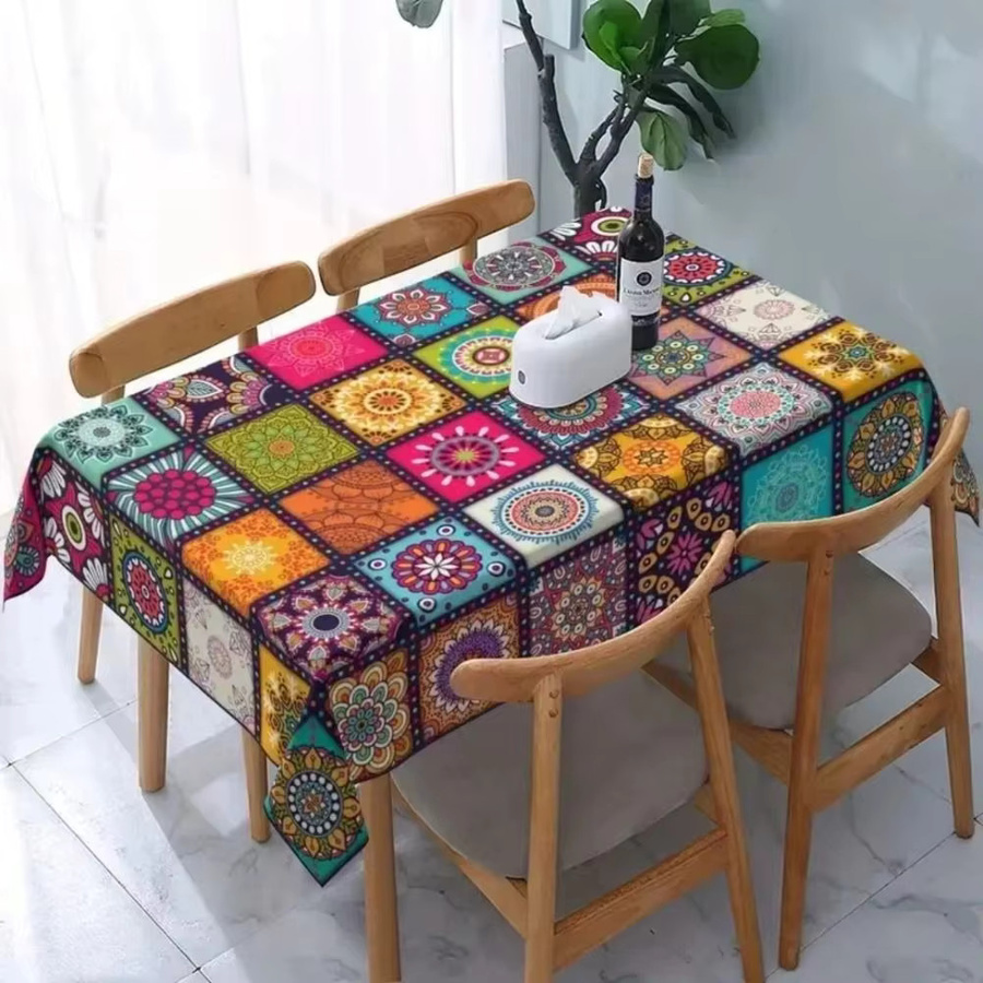VIKAMA Wasserabweisende Tischdecke aus Leinen mit ethnischem geometrischem Boho-Print in Mehrfarbig - Bild 2