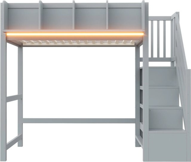 Merax Hochbett für Kinder in Grau mit LED-Unterbettbeleuchtung und Stauraum, B/T/H: 90 x 200 x 170 cm - Bild 1