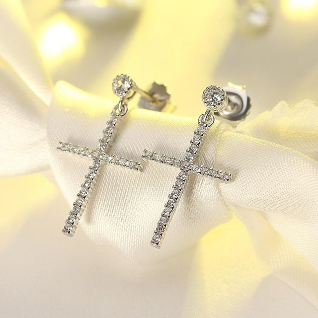 Ohrringe 925 Silber, Kreuz, Zirkon, beige, Damen - Bild 1