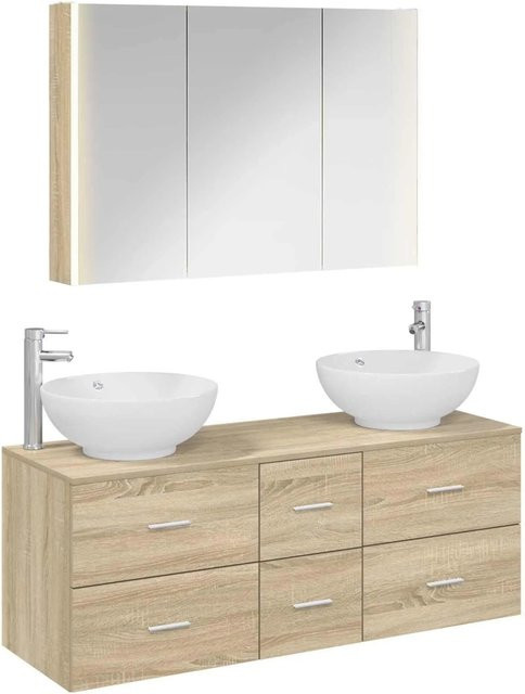 vidaXL Badezimmermöbel-Set 4-teilig in Sonoma-Eiche mit Glasfronten und LED-Beleuchtung, modern und wandmontiert - Bild 1