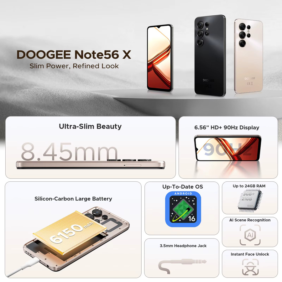 DOOGEE Note56 X Smartphone mit Android 16, 24GB RAM, 64GB ROM und 6,56 Zoll Bildschirm, 6150mAh Akku, Globale Version - Bild 2