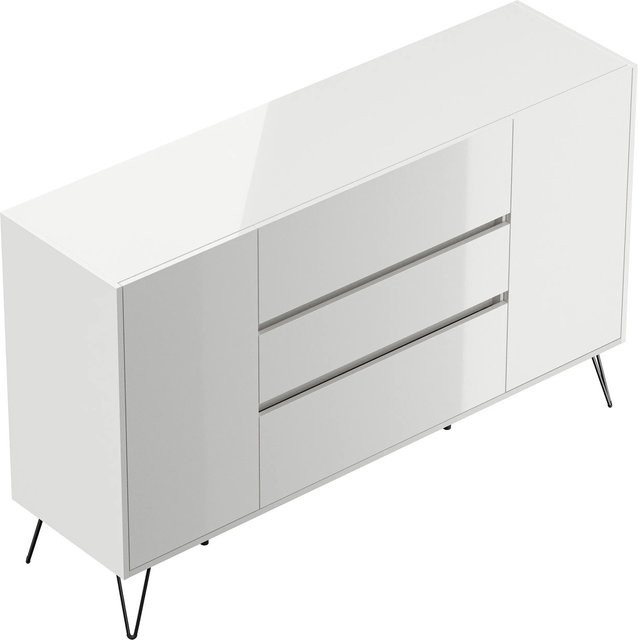 Posseik Sideboard Industrial Weiß Hochglanz mit 3 Schubladen und 2 Türen Breite: 155 cm - Bild 1
