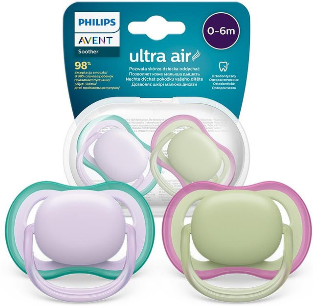 Philips Avent Ultra Air Schnuller SCF085/24 für 0-6 Monate, Silikon, lila/grün/mehrfarbig, bpa-frei, kauforthopädisch - Bild 1
