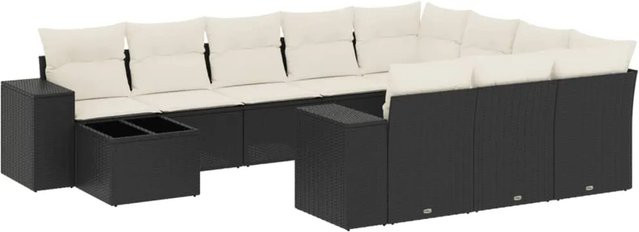 vidaXL 11-tlg. Garten-Sofagarnitur in U-Form aus Polyrattan mit Kissen in Schwarz-Creme - Bild 1