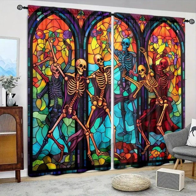 2er-Set Halloween Vorhang mit 3D Buntglas-Skelett-Landschaft-Print, halbtransparent, mehrfarbig, Breite: 50 cm, Höhe: 160 cm - Bild 1