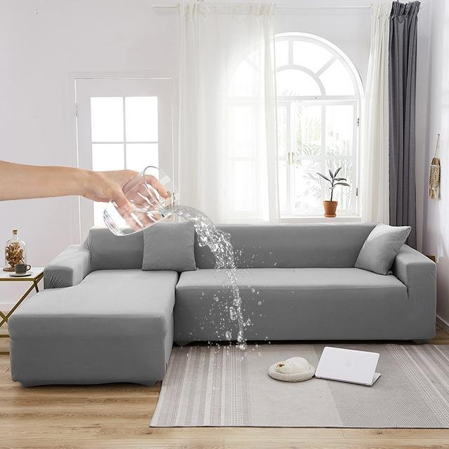 BRHUIXUE 2er-Set elastische Sofabezüge für Ecksofas und L-förmige Sofas, wasserabweisend und rutschfest, grau, Breite: 230-300 cm - Bild 1