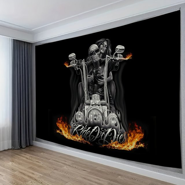 VIKAMA Skull Knight Motorrad Wandteppich mit Flammen-Motiv in Multicolour, Retro Industriestil, Breite: 60 cm, Höhe: 40 cm - Bild 1