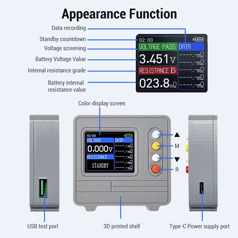 Heltec Batterie-Innenwiderstandstester AC 4-Draht-Spannungsmessgerät in Grau für 18650 Lithium-Batteriezellen-Sortierung (0,001V-60V, 0,1mΩ-6,999Ω) - Bild 2
