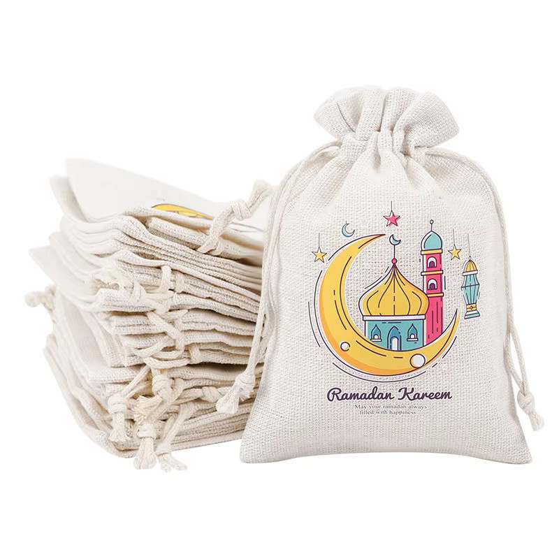 Ramadan Leinen-Geschenktüten mit Kordelzug in Beige für Eid Mubarak Süßigkeiten und Snacks - Bild 1
