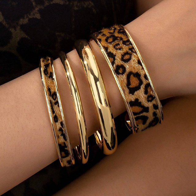 AY Armband-Set, 4-teilig, PU-Leder, Leopardenmuster, Damen, Gold - Bild 1