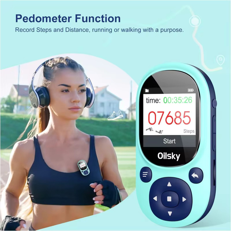Oilsky Sport Clip MP3-Player mit Bluetooth, 32GB Mini Musik-Player in Blau mit FM-Radio, Sprachaufzeichnung und Schrittzähler - Bild 4