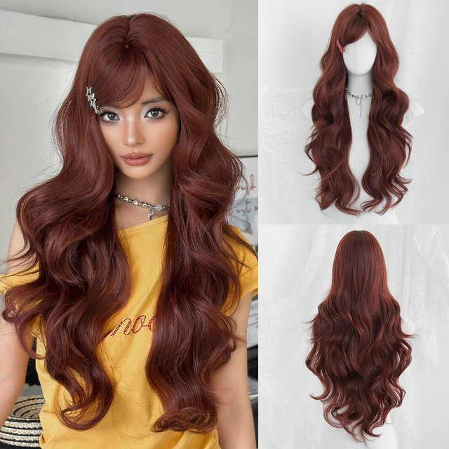 7JHH WIGS Perücke, lange gewellte Kupferperücke, Burgunderrot, Damen - Bild 1