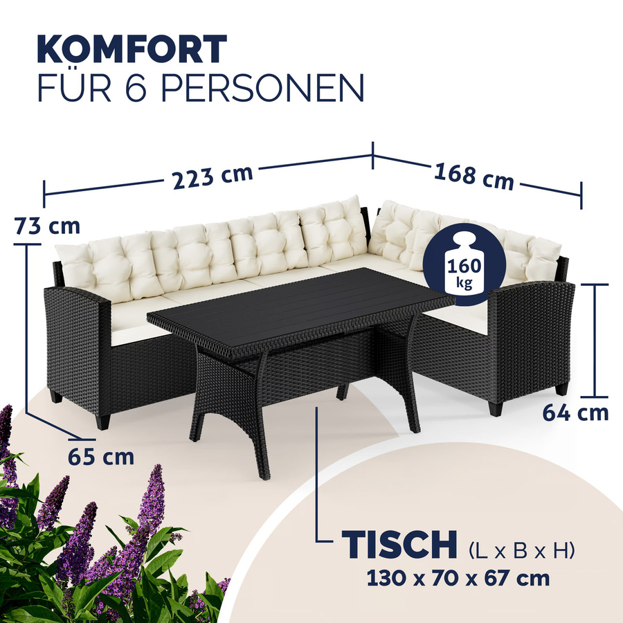 CASARIA Polyrattan Lounge-Set in L-Form mit WPC Tisch, Schwarz und Beige - Bild 2