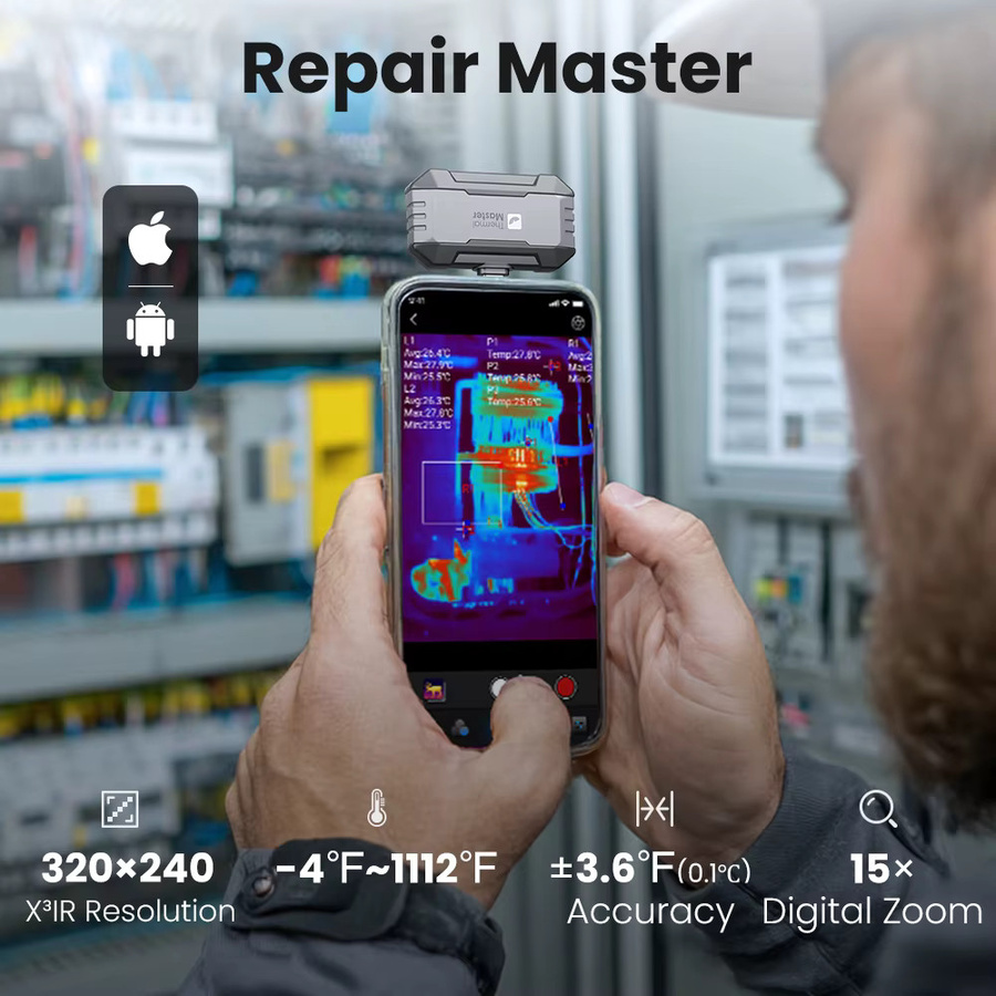 Thermal Master P1 Wärmebildkamera für iPhone und Android-Smartphones mit 320x240 X³IR Auflösung, 600 °C Hochtemperaturbereich und 25Hz, Farbe: Schwarz - Bild 2